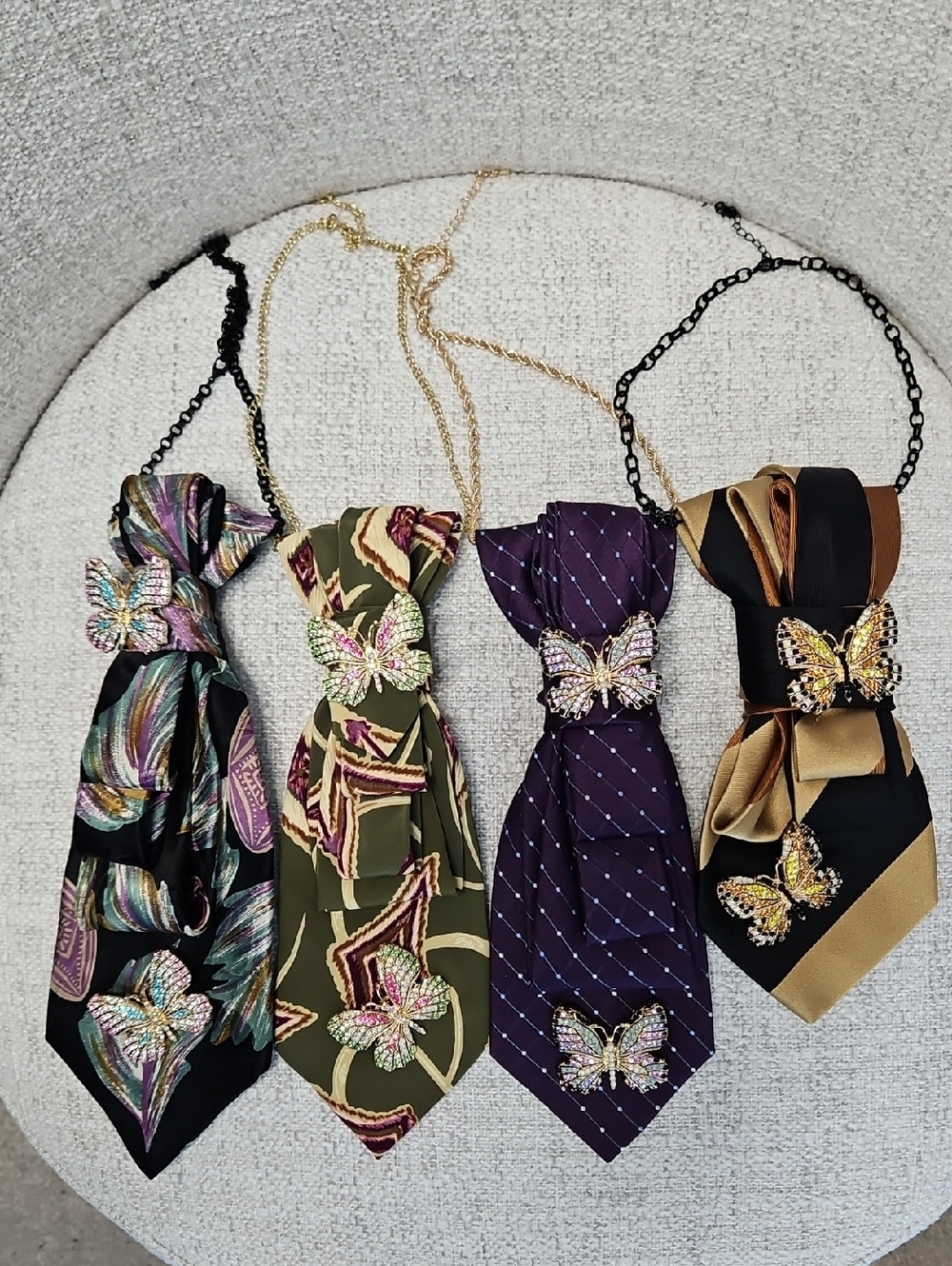 Custom Made Necktie Necklaces w Embellished Detachable Butterfly Pendants